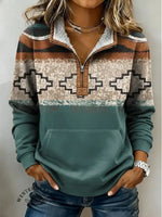 Vintage Aztec Art Print Casual Half-zip Cotton Sweatshirt