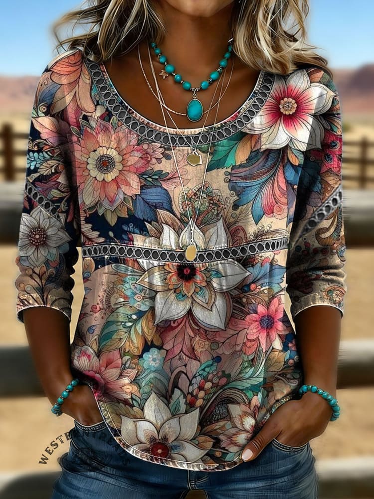 Women's Vintage Floral Print Casual Hollow Denim Shirt