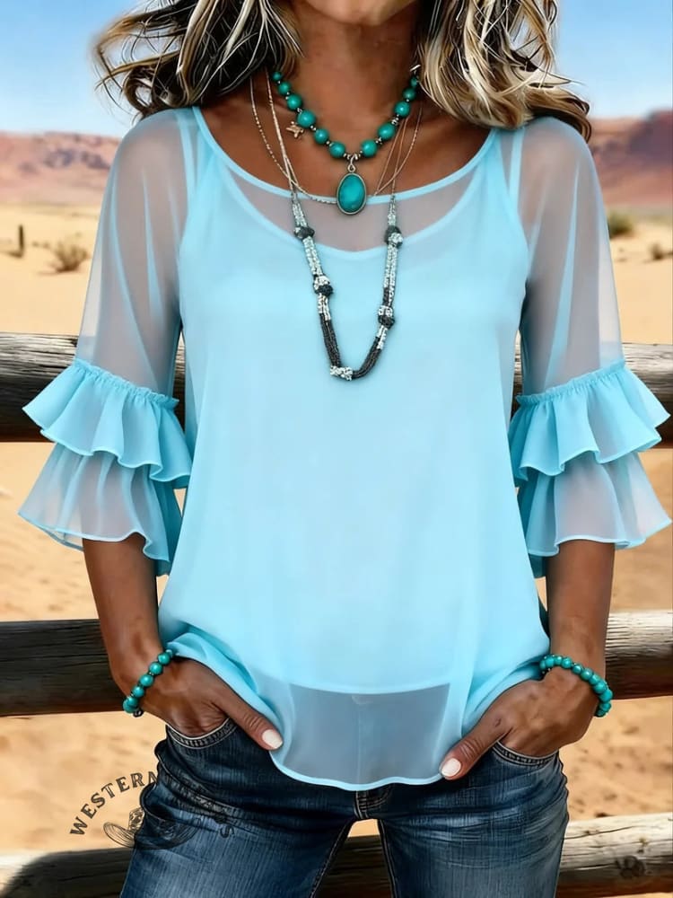 Women's Vintage Patchwork Chiffon Tank Top Two-piece Set Casual Shirt