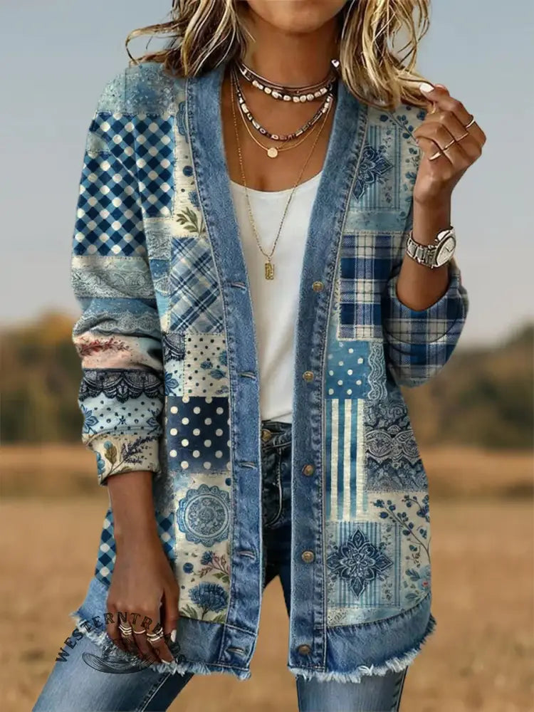 Floral Patchwork Visual Print Casual Cotton Patchwork Denim Coat