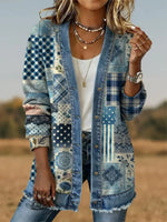 Floral Patchwork Visual Print Casual Cotton Patchwork Denim Coat