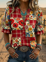 Vintage Floral Art Print V-neck Puff Sleeve Ruffle Shirt