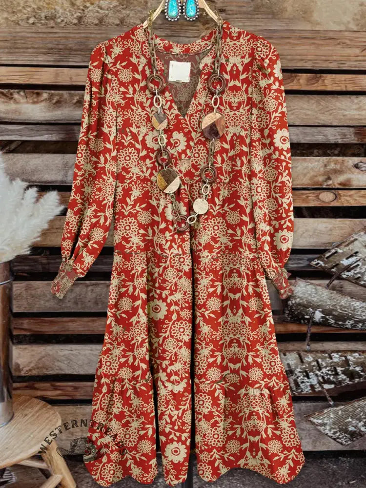 Vintage Contrast Western Style Cotton And Linen Midi Dress