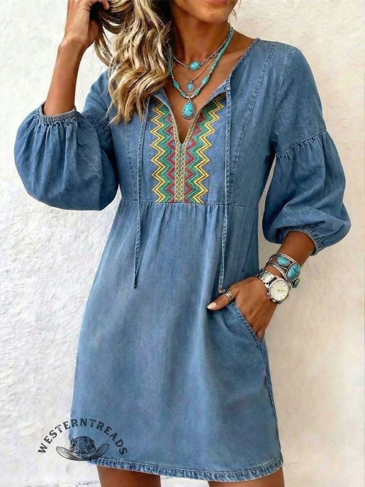 Vintage Denim Western ArtMid Dress