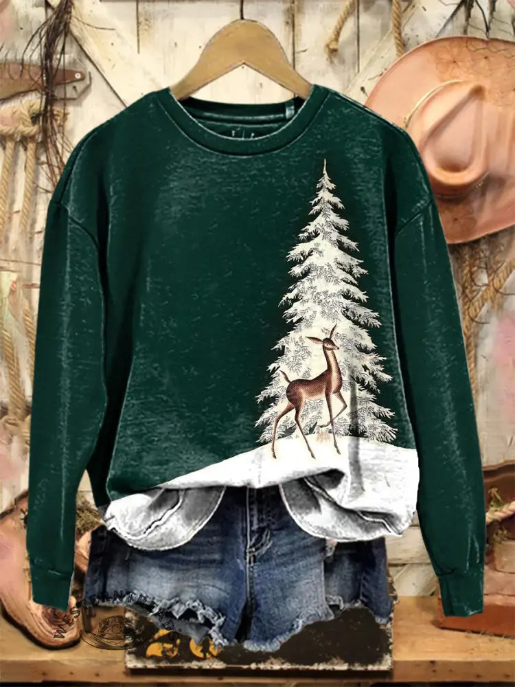 Vintage Christmas Tree Art Print Cotton Sweatshirt