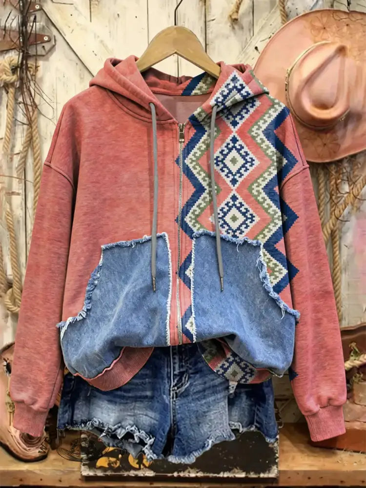 Retro Print Casual Cotton Patchwork Hooded Zip-up Sweatshirt
