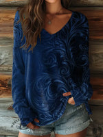 100% CottonšFloral Print Casaul V-collar Long Sleeve Tee