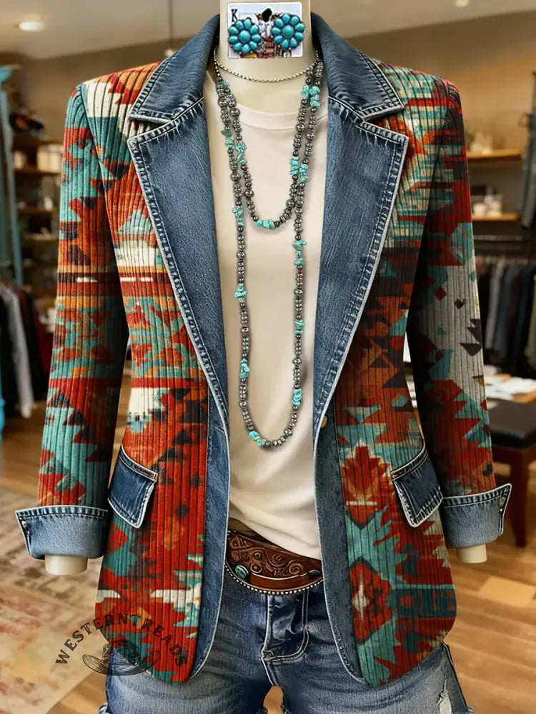 Aztec Art Print Patchwork Denim Sweater Cardigan Coat