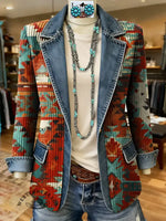 Aztec Art Print Patchwork Denim Sweater Cardigan Coat