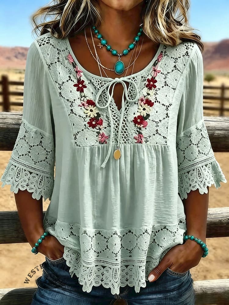 Women's Vintage Flowers Print Patchwork Lace Casual Shirt