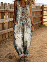 Women's Vintage Floral Art Print Casual Denim Jumpsuit