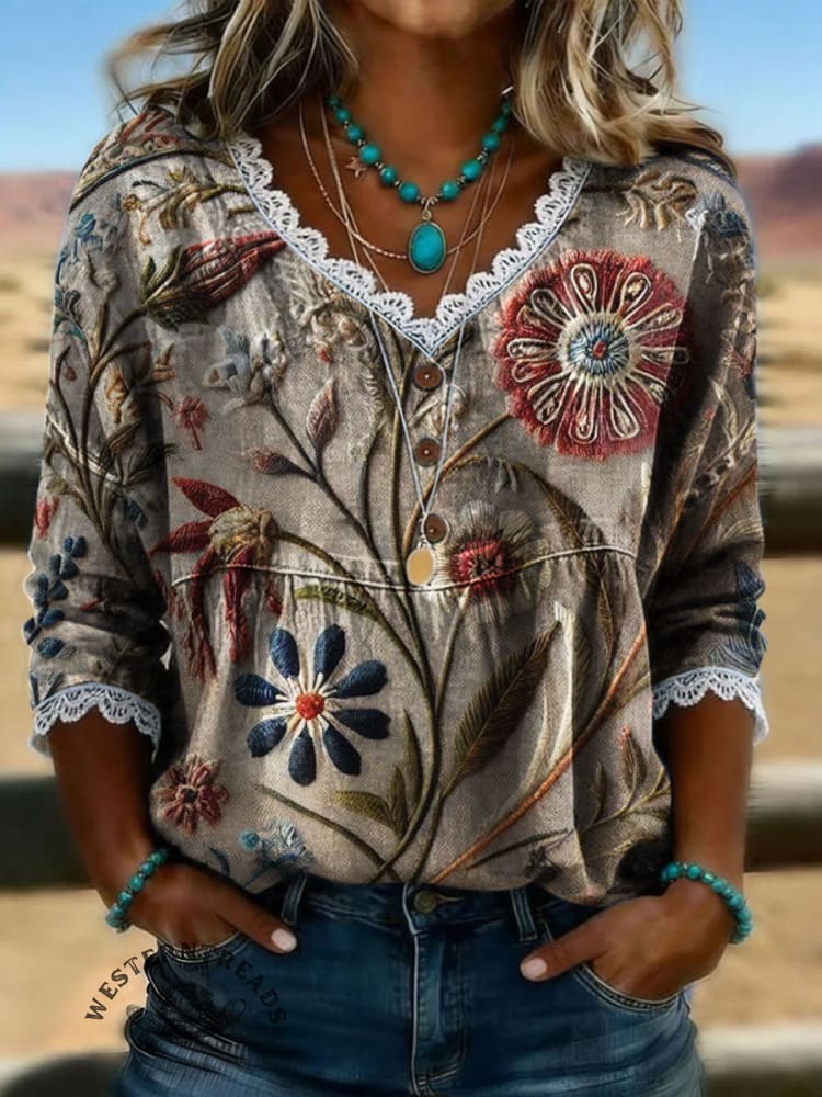 Vintage Floral Print Casual Hollow-out Denim Shirt