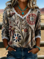 Vintage Floral Print Casual Hollow-out Denim Shirt