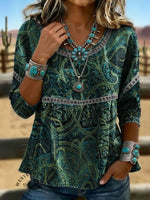 Vintage Floral Art Print Casual 3/4 Sleeves Hollow Denim Shirt
