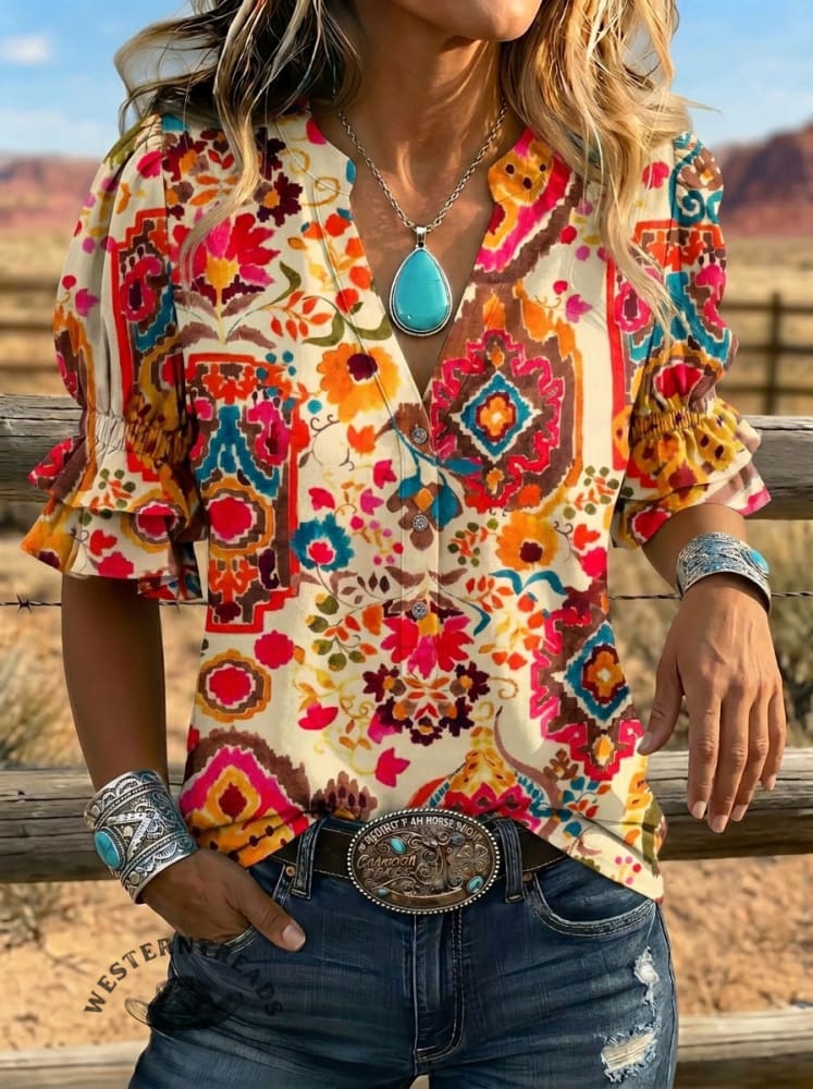 Women's Retro Art Puff Sleeve Casual Shirt