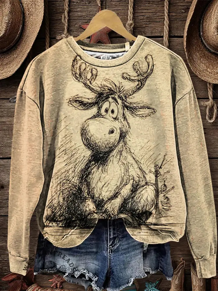 Funny Reindeer Sketch Art Casual Cotton Sweatshirt