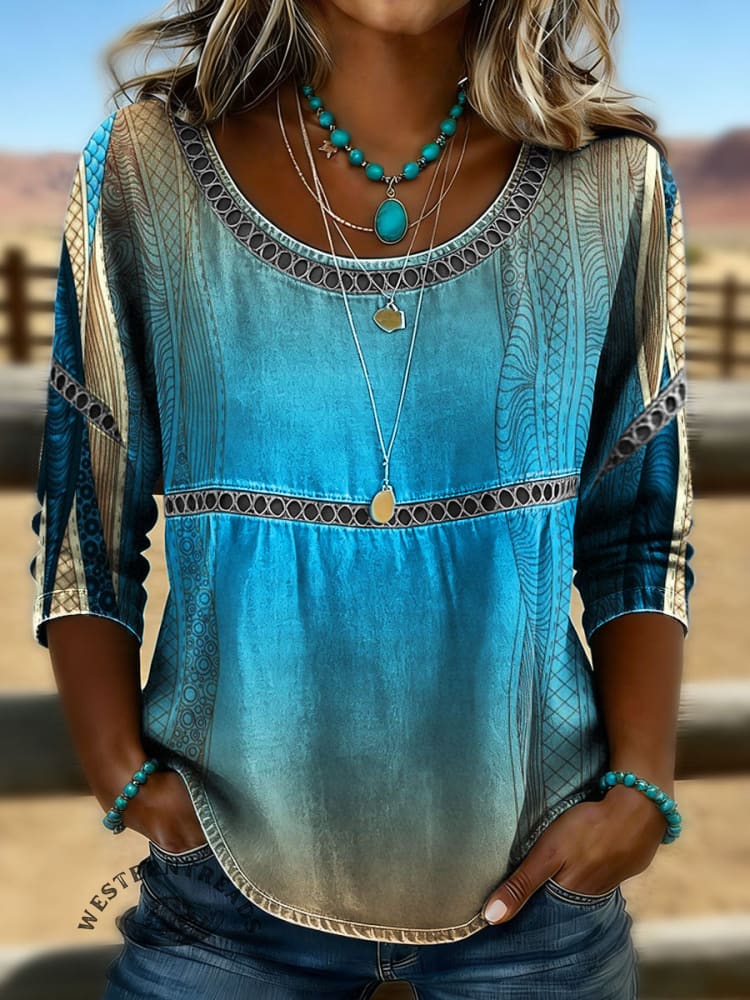 Abstract Art Print Casual 3/4 Sleeves Hollow Denim Shirt