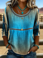 Abstract Art Print Casual 3/4 Sleeves Hollow Denim Shirt