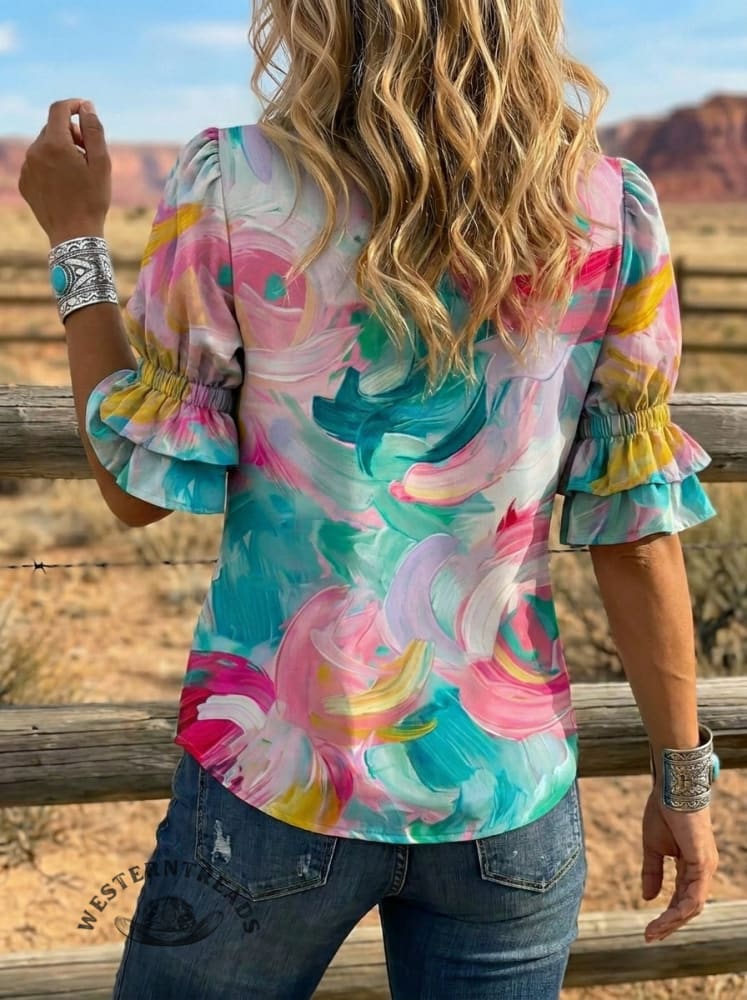 Women's Retro Floral Art Puff Sleeve Casual Shirt