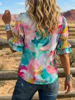 Women's Retro Floral Art Puff Sleeve Casual Shirt