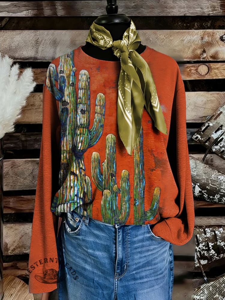 Vintage Western Cactus Art Print Casual Cotton Sweatshirt