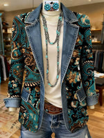 Paisley Print Patchwork Denim Sweater
