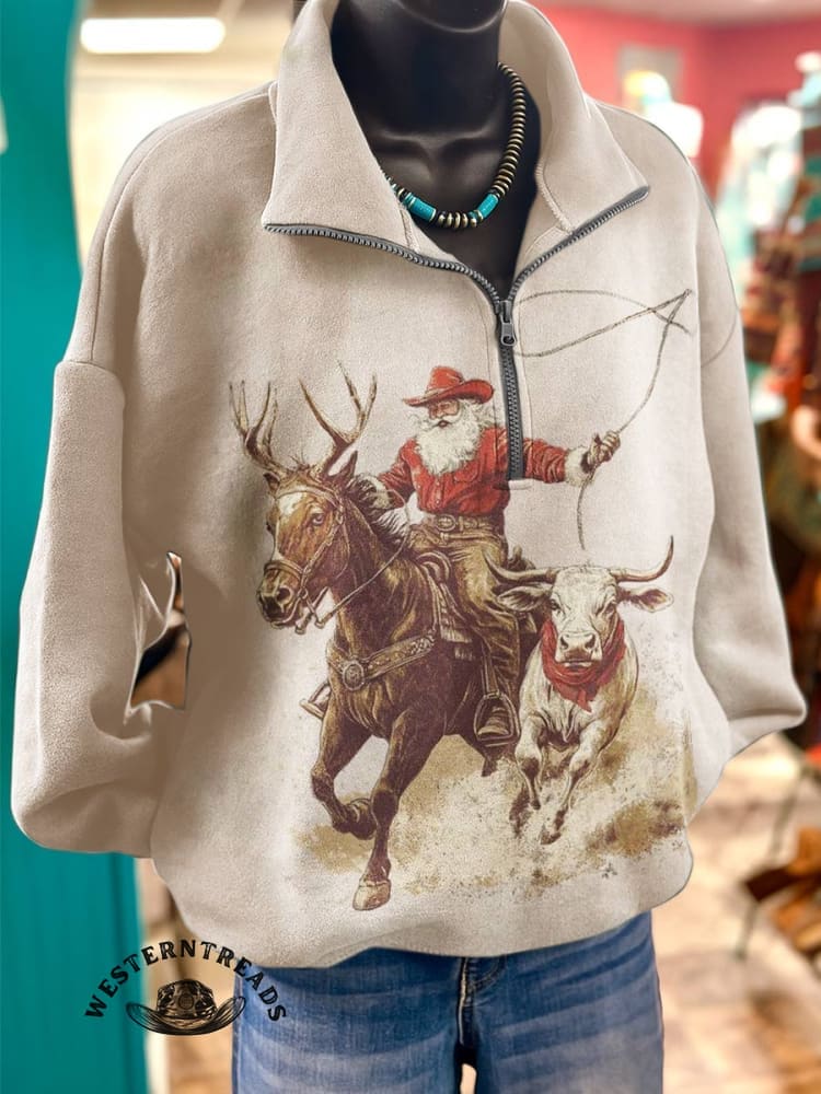 Cowboy Santa Claus Print Casual Cotton Sweatshirt