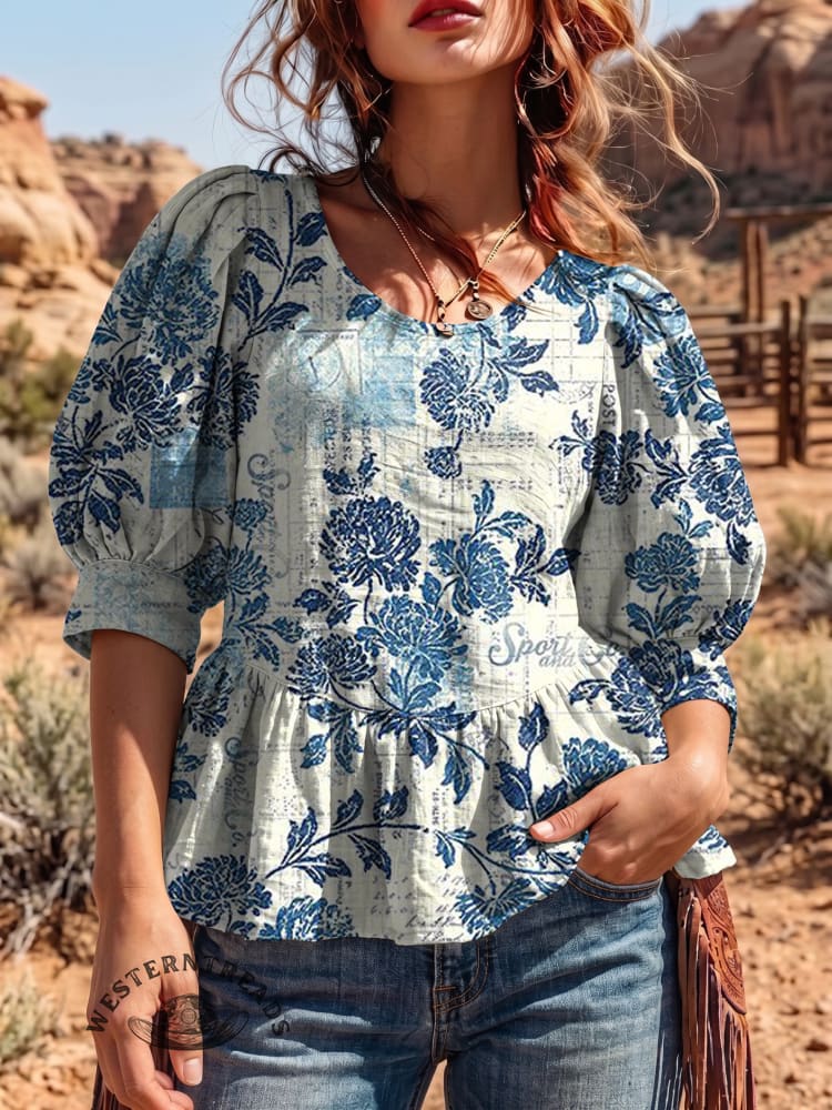 Women's Vintage Art Puff Sleeve Top