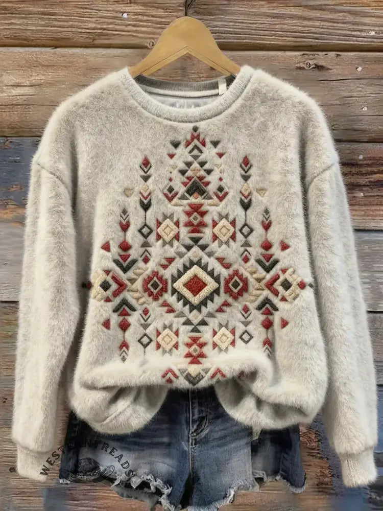 Women's Vintage Aztec Art Print Casual Plush Top