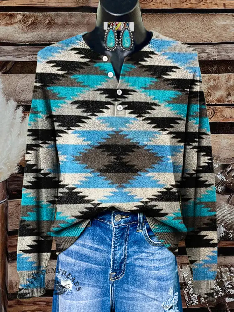 Women's Retro Aztec Art Print Henley Neck Sweater