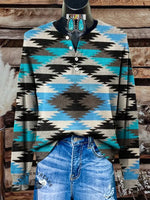 Women's Retro Aztec Art Print Henley Neck Sweater