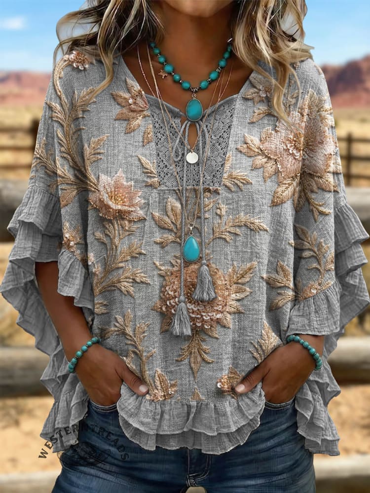 Vintage ArtPatchwork Hollow Design Cotton And Linen Shirt