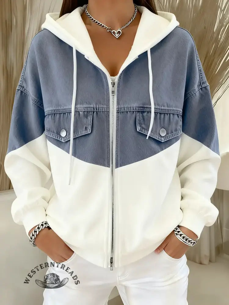 Casual Patchwork Denim Hooded Zip-up Cotton Sweatshirt