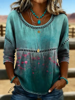 Women's Retro Floral Print Casual Hollow Denim Shirt