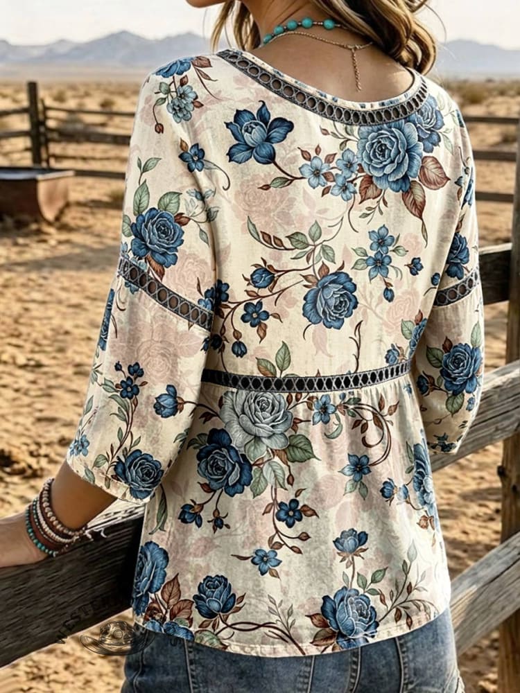 Women's Floral Vintage Print Casual 3/4 Sleeves Hollow Denim Shirt