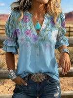 Women's Retro Floral Art Puff Sleeve Casual Shirt