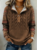 Retro Western Knitted Pattern Print Casual Half-zip Cotton Patchwork Sweatshirt