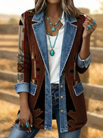 Retro Southwestern Art Print Patchwork Denim Sweater Cardigan Coat