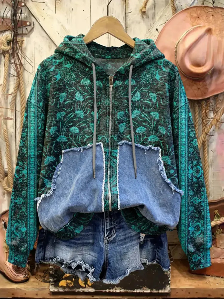 Retro Print Casual Cotton Patchwork Hooded Zip-up Sweatshirt