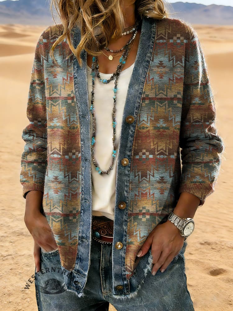 Retro Aztec Art Print Casual Cotton Patchwork Denim Coat