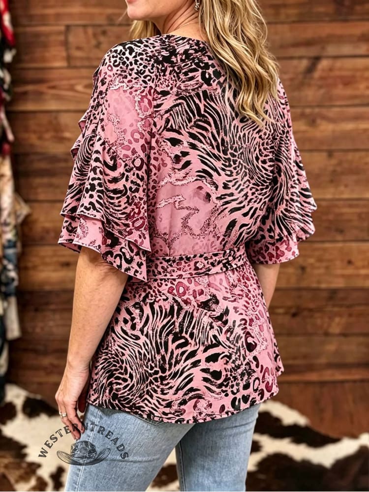 Western Wild V-neck Shirt Self-tie Belt