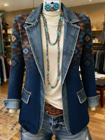 Retro Art Pattern Print Patchwork Denim Sweater Cardigan Coat