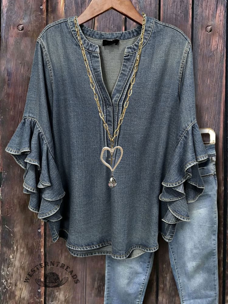 Women's Ruffled Casual Denim Top