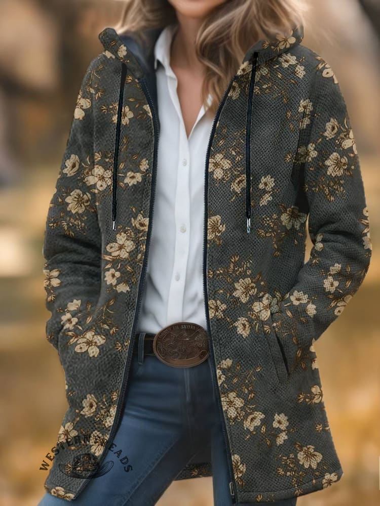 Floral Print Unisex Plush Thick Long-sleeved Cardigan Coat