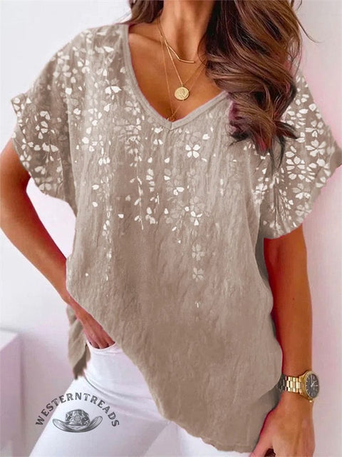 Summer Floral Print Women's V-Neck T-Shirt
