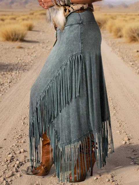 Asymmetrical Fringe Tassel Maxi Skirt