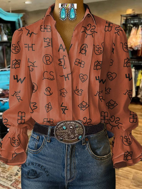 Women's Cattle Brands Print Casual Cotton And Linen Shirt
