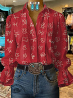 Women's Cattle Brands Print Casual Cotton And Linen Shirt