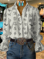 Women's Cattle Brands Print Casual Cotton And Linen Shirt