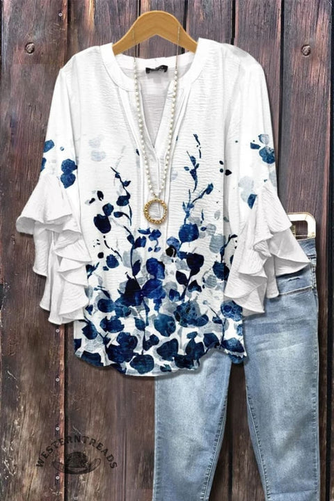 Floral Print Ruffle Sleeve Top